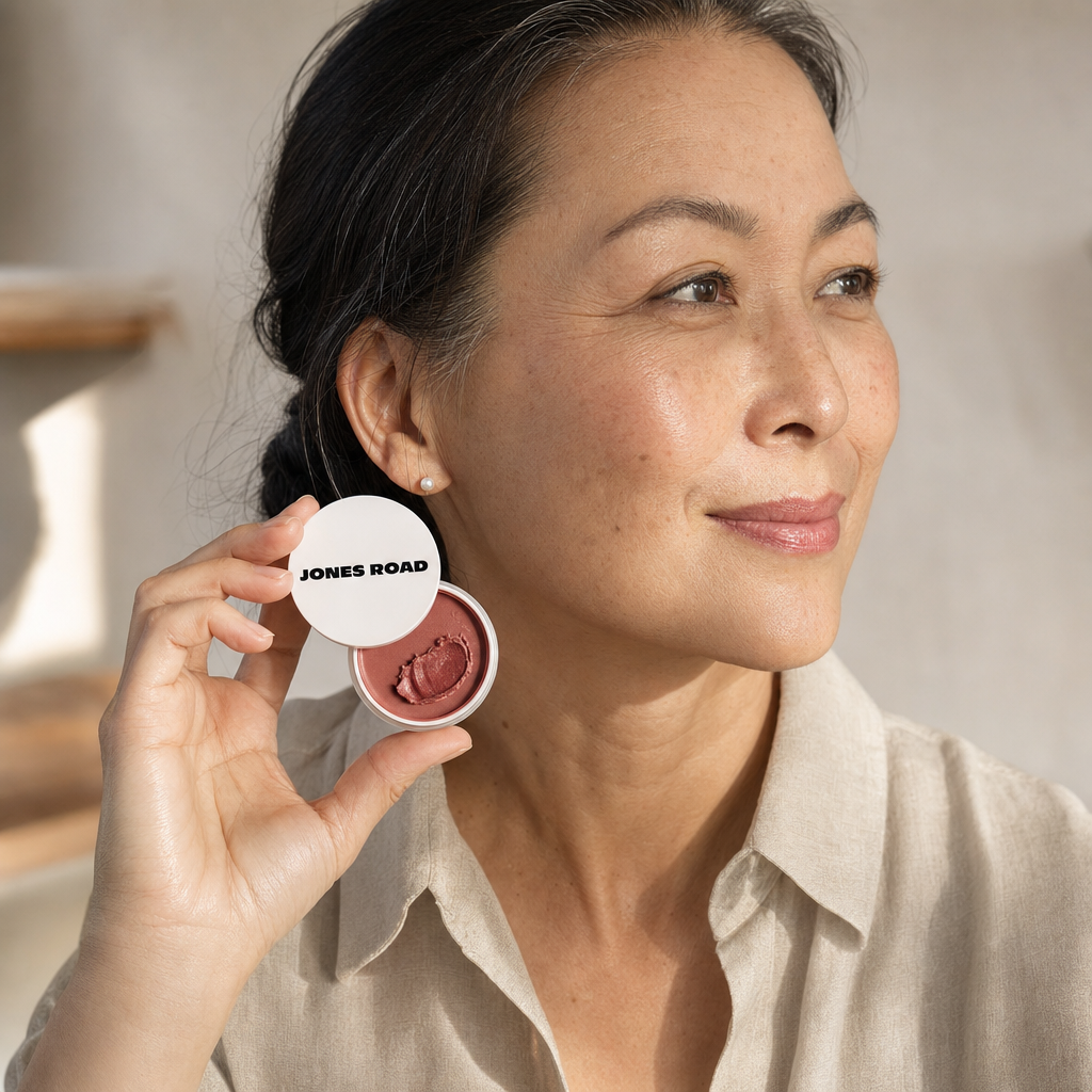 Customer in her fifties holding the open Miracle Balm pot at her cheek