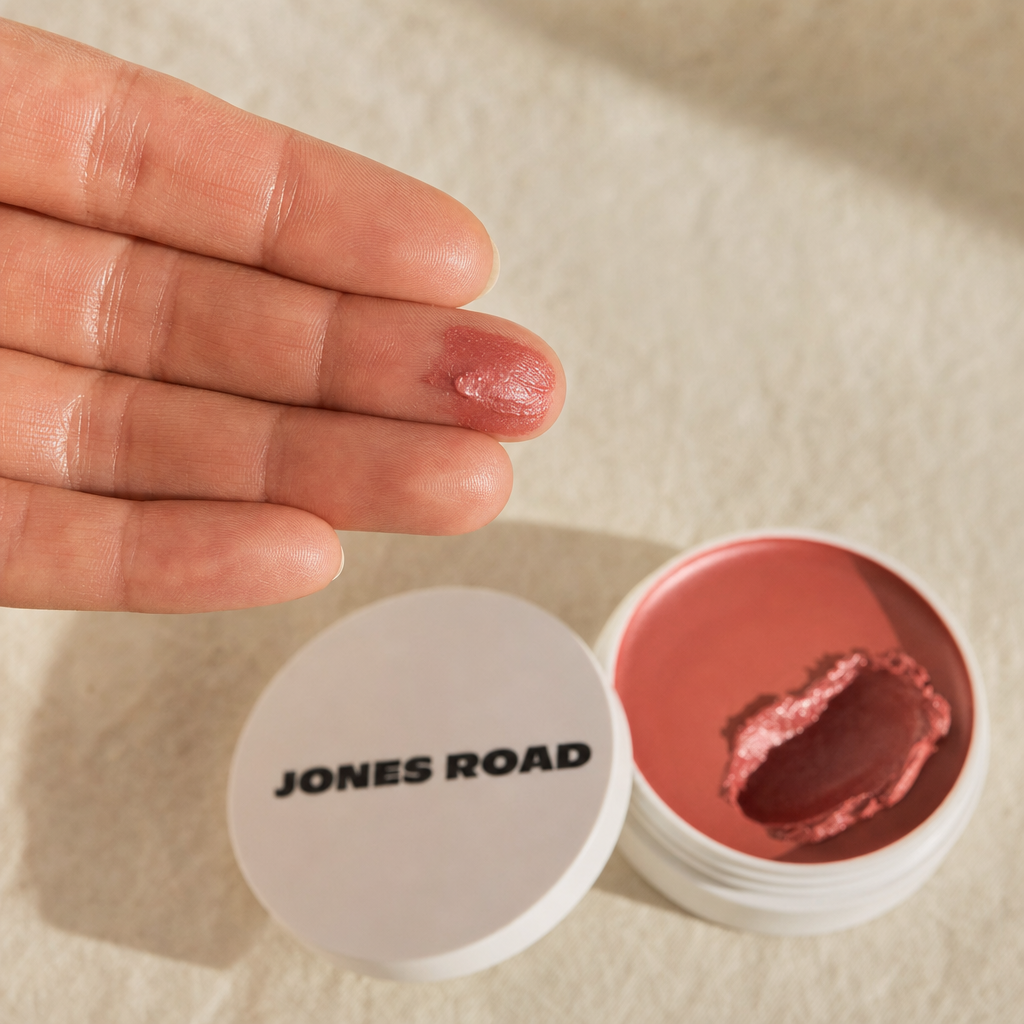 Fingertips warming the Dusty Rose Miracle Balm beside the open pot on a warm linen surface