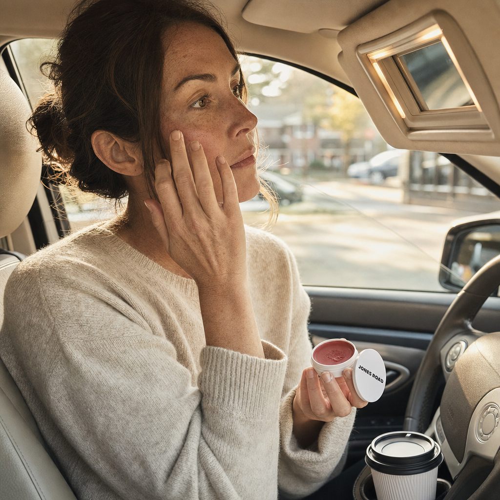 Woman in cream knit applying Miracle Balm at her car's visor mirror, coffee in the cupholder