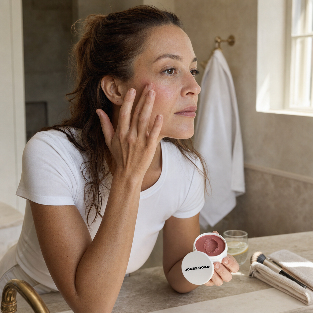 Woman in white tee dabbing Miracle Balm onto her cheek at her bathroom counter, mid-morning rush